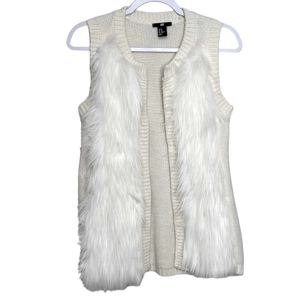 H&M Faux Fur Open Front Sweater Vest Chic Glam Boho Cottage Ivory White Size XS